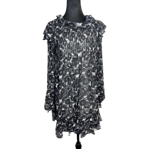 Free People These Dreams Boho Black Floral Chiffon Ruffled Mini Dress Size XS - Picture 1 of 3